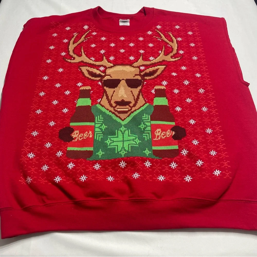 Gildan Red Holiday Reindeer Sweater Vest with Green and Brown Accents